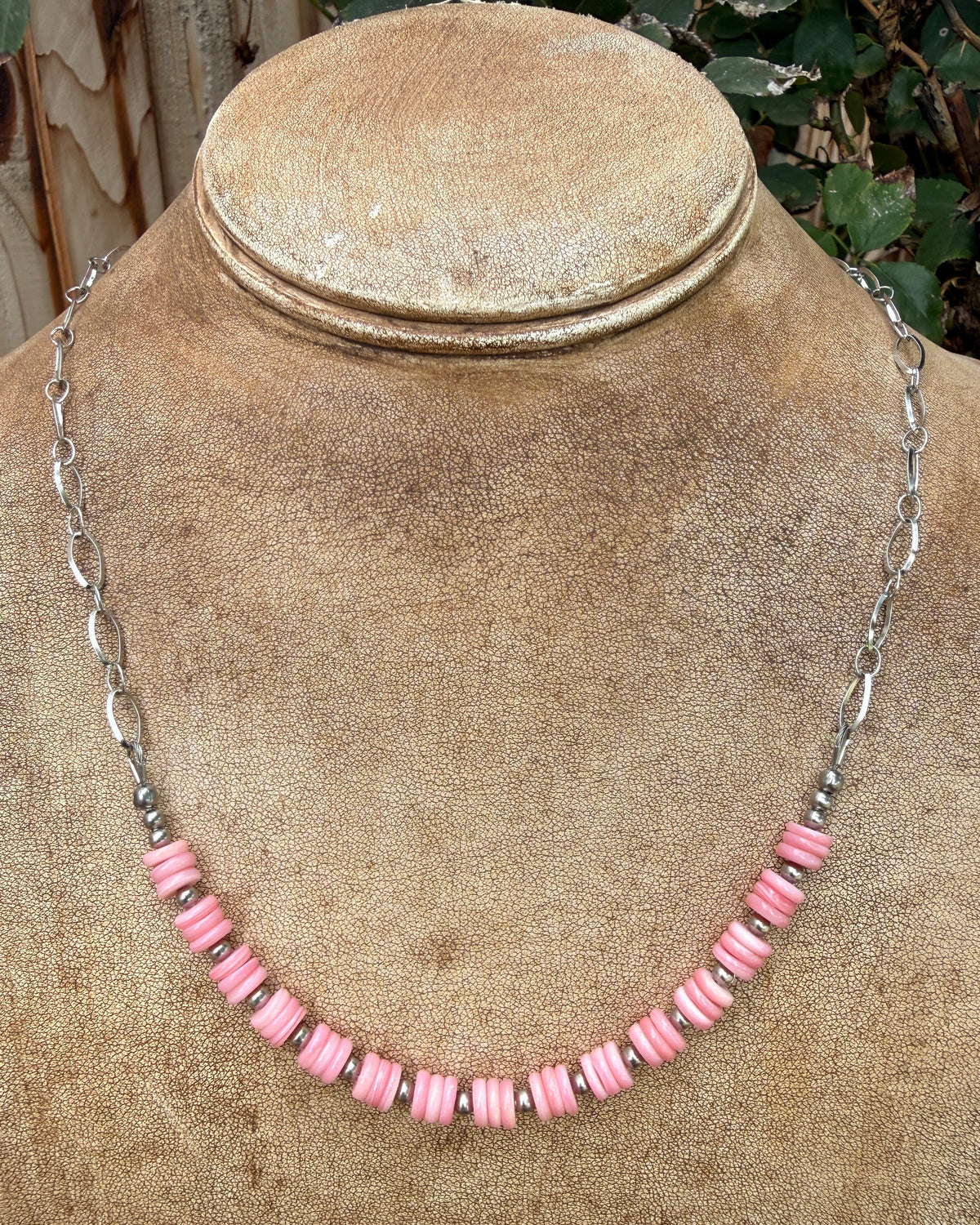 Pink Conch Shell and Stainless Steel 'Swoop' Necklace