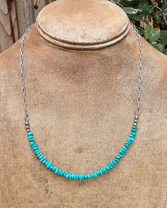 A turquoise beaded necklace with a silver chain, displayed on a tan textured jewelry bust. The background shows a rustic outdoor setting with a wooden fence and green foliage.