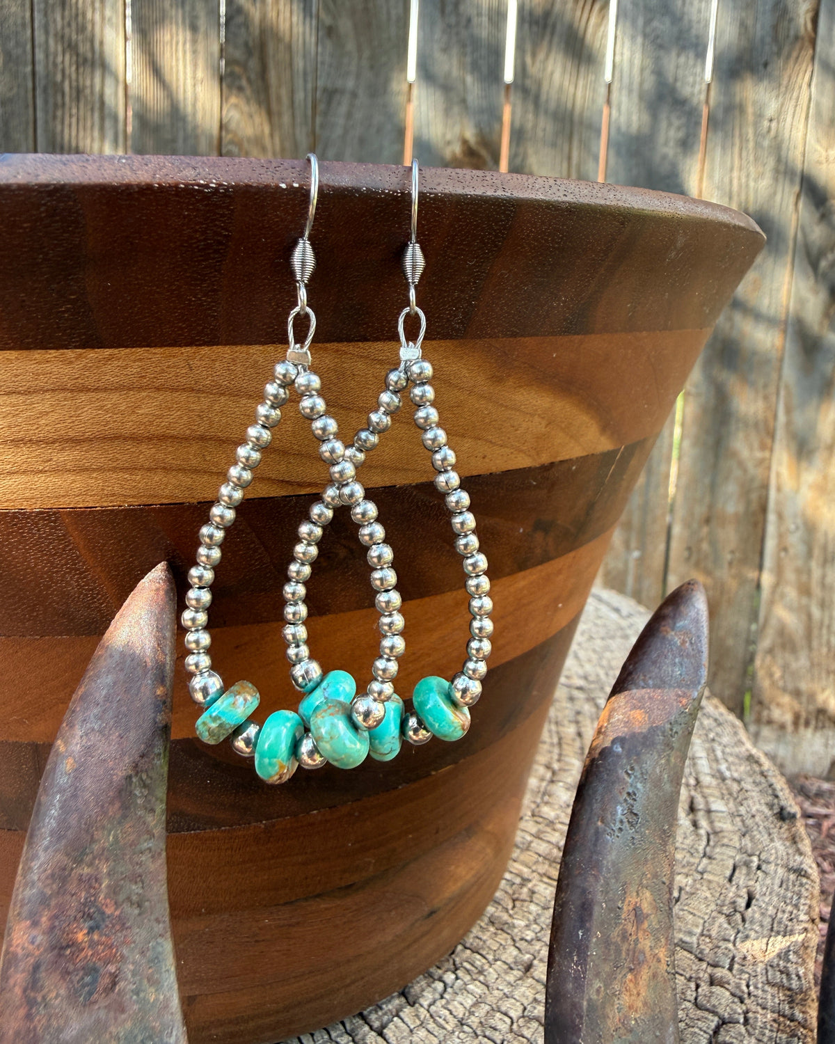 Kingman Turquoise and Stainless Steel Hoop Earrings