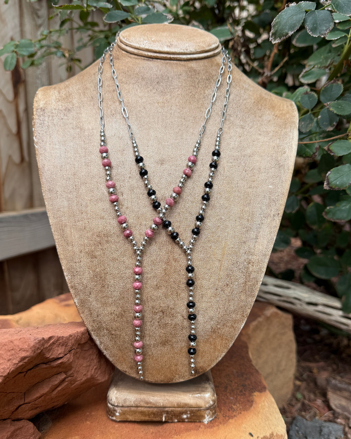 Stone and Stainless Steel Beaded Lariat Necklace