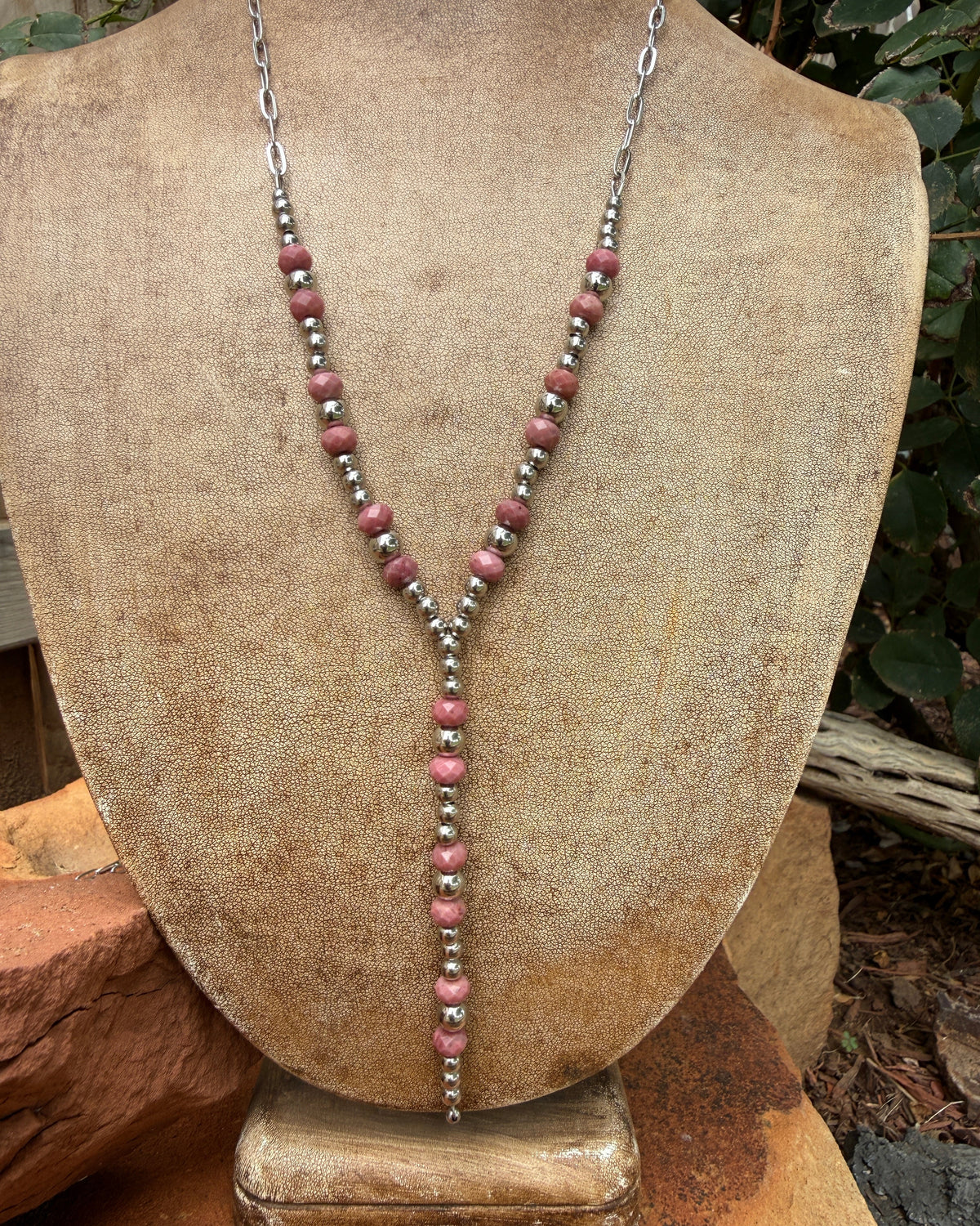 Stone and Stainless Steel Beaded Lariat Necklace