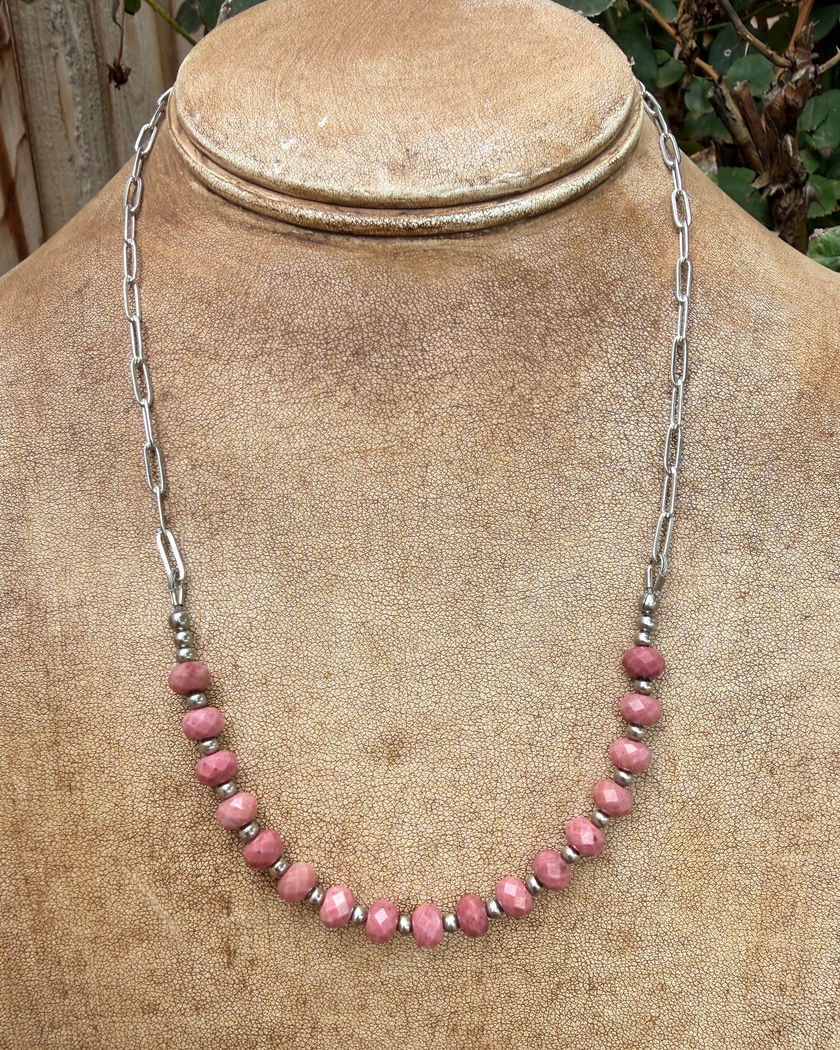 Pink Rhodonite and Stainless Steel 'Swoop' Necklace