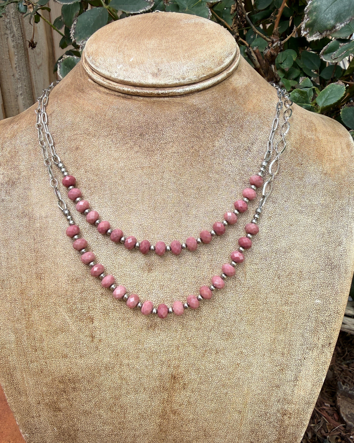 Pink Rhodonite and Stainless Steel 'Swoop' Necklace