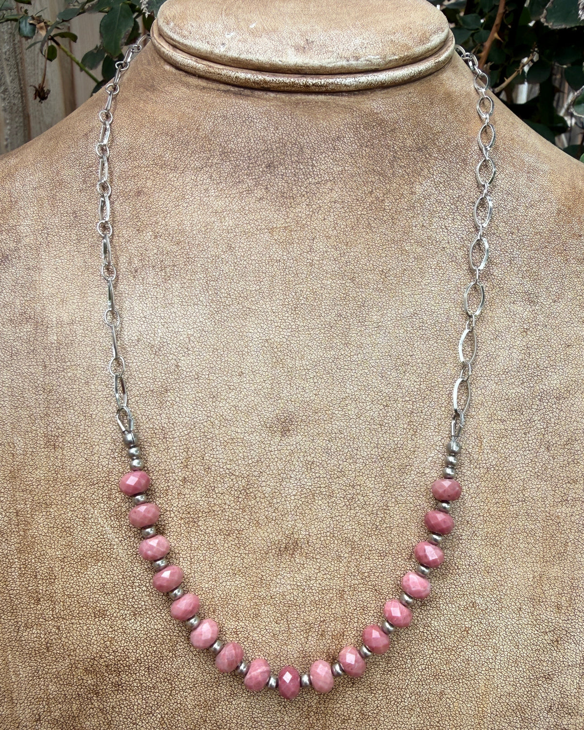 Pink Rhodonite and Stainless Steel 'Swoop' Necklace