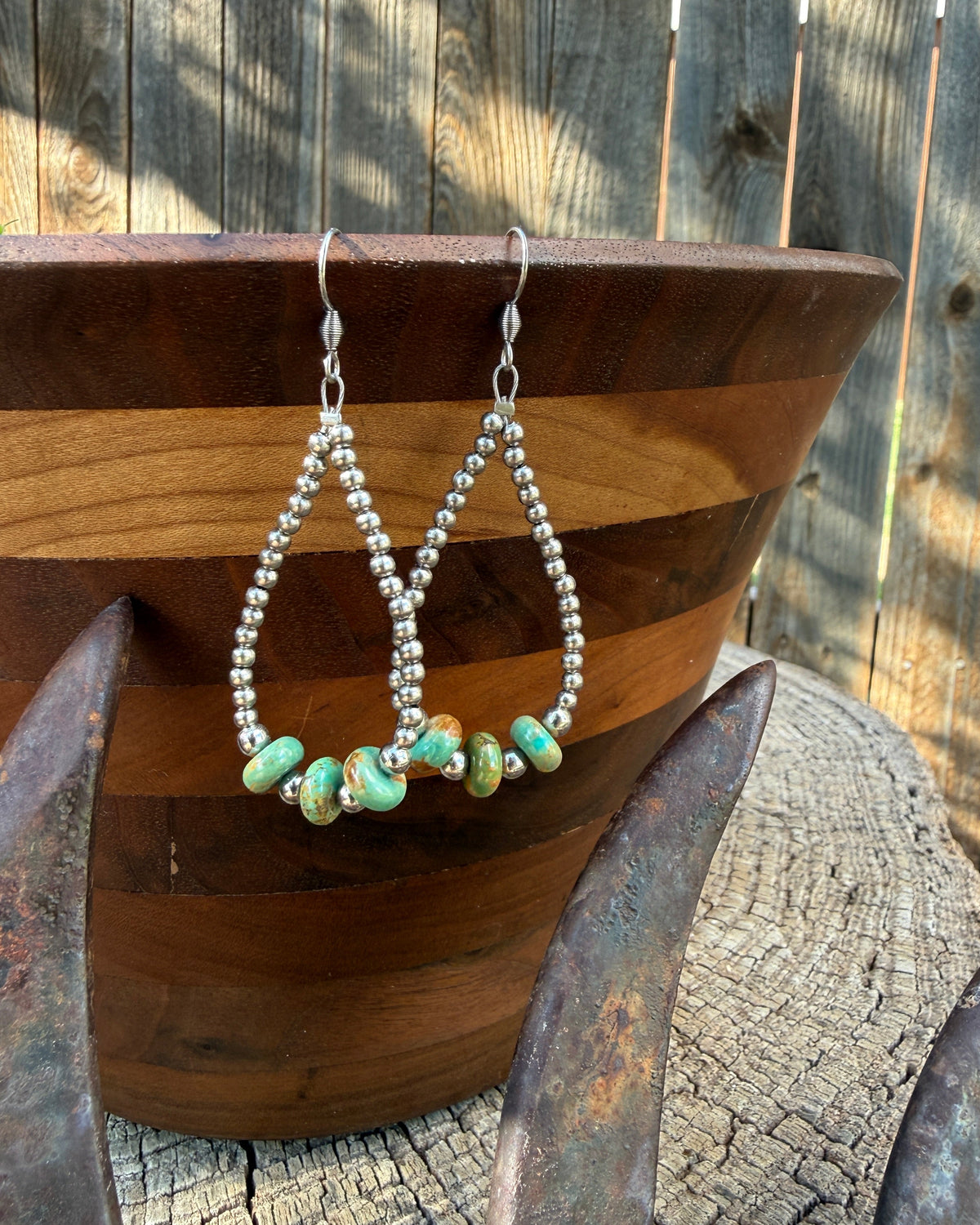 Royston Turquoise and Stainless Steel Hoop Earrings