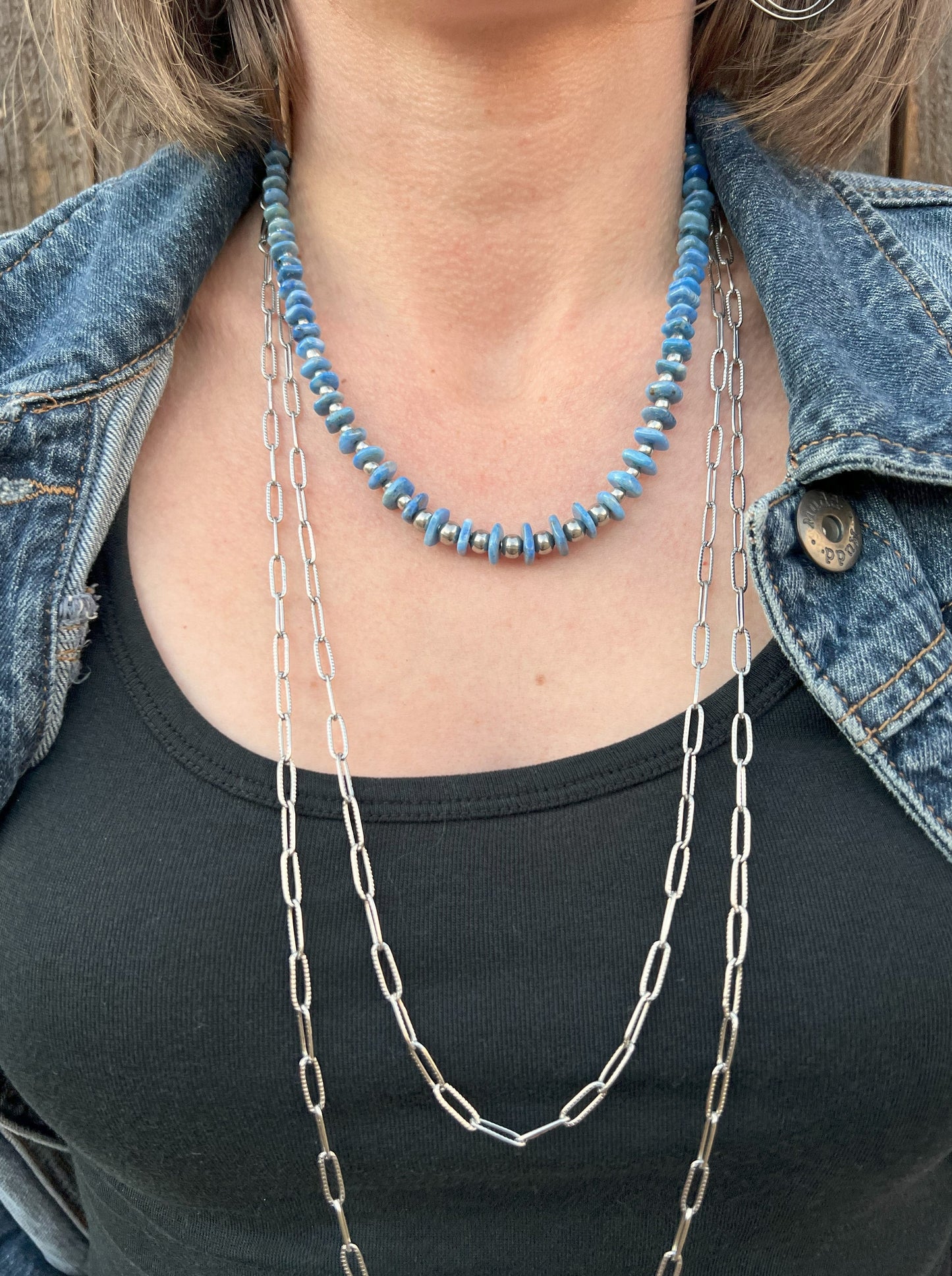 Stainless Steel Beaded Denim Lapis Necklace