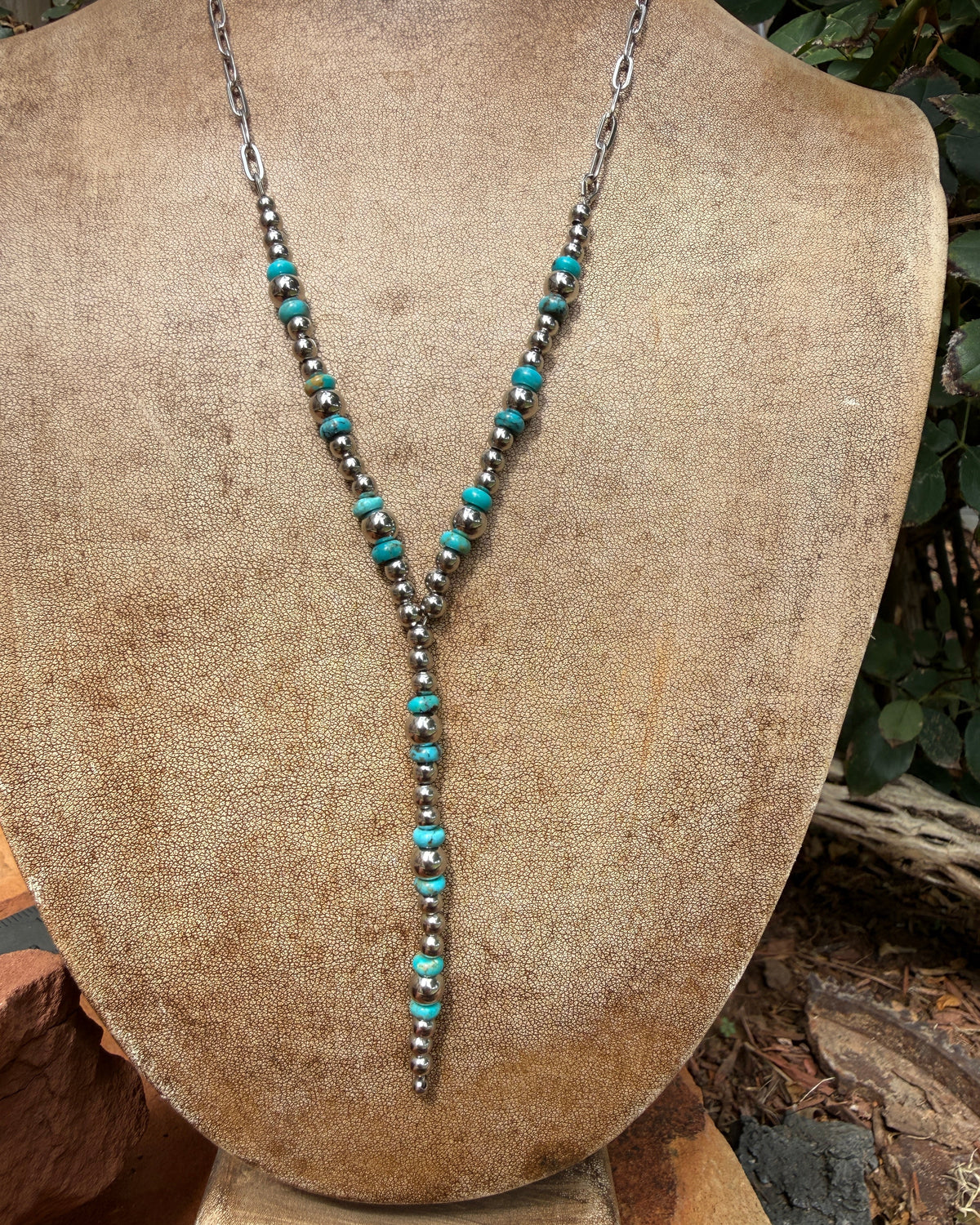 Turquoise and Stainless Steel Lariat Necklace